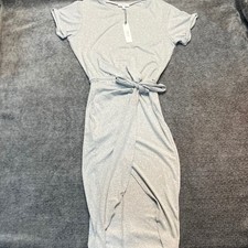 LBLC THE LABEL Gray Knit Wrap Midi Dress Tie Waist Short Sleeve Neimam M Size L