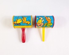 Vintage 1950s Tin Litho Toy Rattler Noise Makers Set Of 2 Clowns Dog Duck