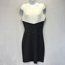 Calvin Klein Pleated Sheath Dress Women 10 Black White Colorblock Tiered Stretch