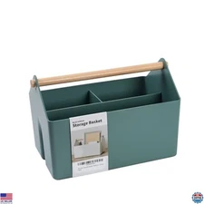 BLUE GINKGO Medium Storage Basket – Plastic Caddy with Wooden Handle for Office,