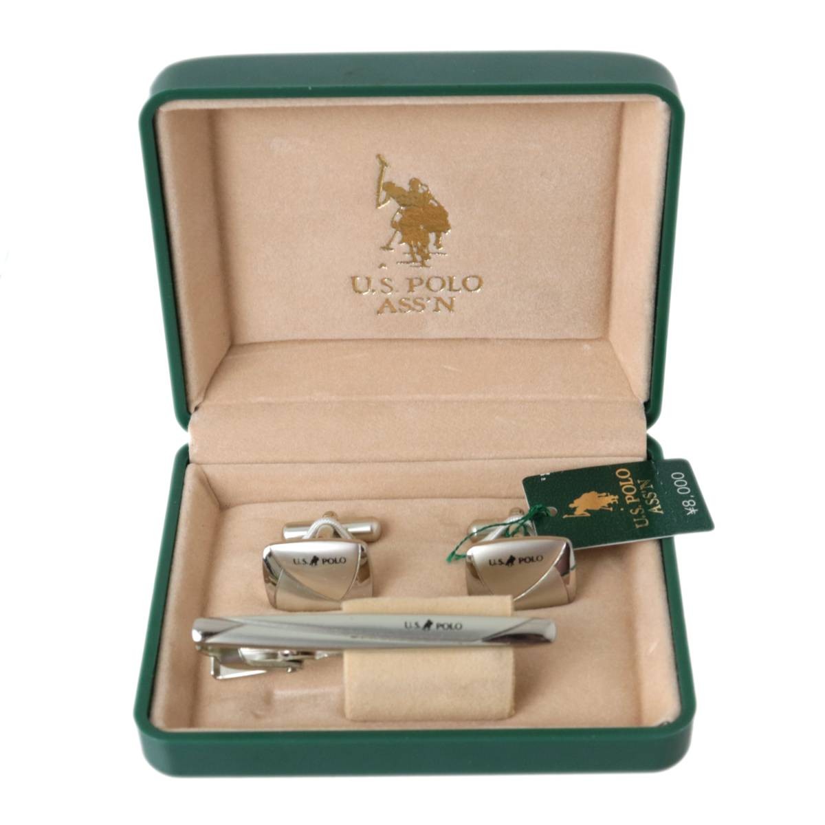 POLO Cufflinks Tie Pin Set Silver With Box Made In USA Japan Used