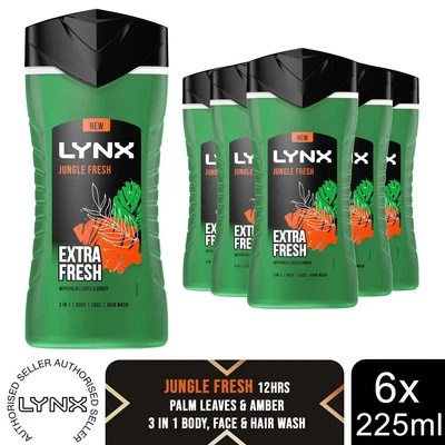 Lynx 3in1 Body, Face & Hair Wash Shower Gel Extra Fresh Jungle Fresh 225ml, 6pk
