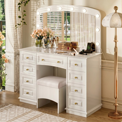 Luxurious Makeup Vanity with 10 Hollywood Bulbs, 3 Color Lighting Modes