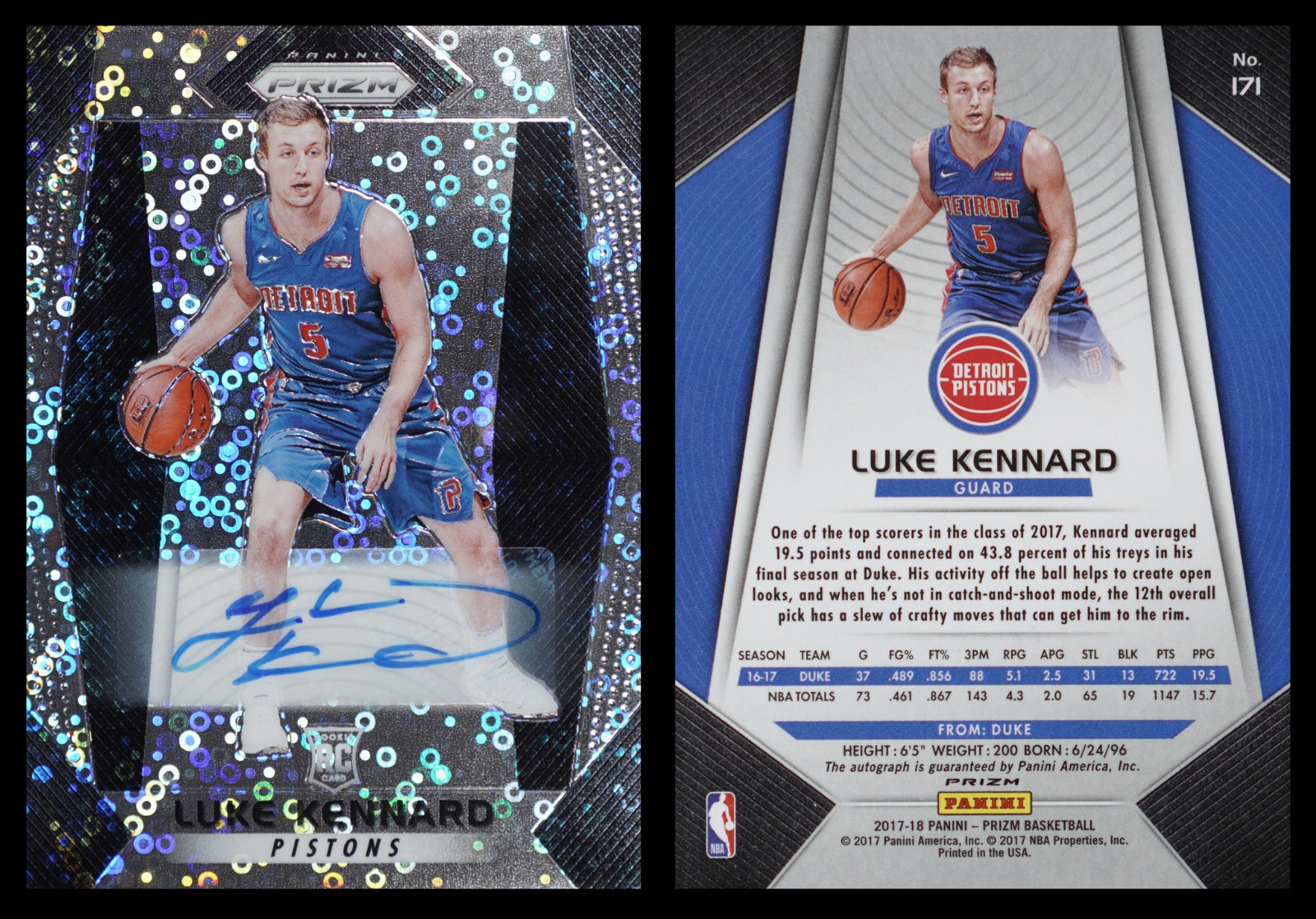 2017-18 Panini Prizm Luke Kennard Fast Break RC Auto #171 Pistons