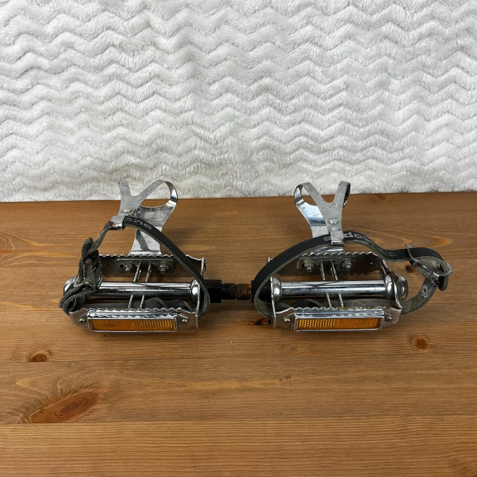 Vintage KKT Japan Quill Road Pedals Christophe Toe Clip Adjustable Leather Strap - Image 3 of 4