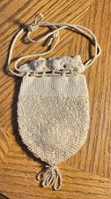 Small Victorian Ivory Crochet Pouch Beaded Purse w/long Ties