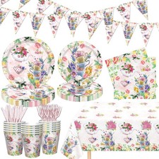 Tea Party Decorations Floral Party Supplies Plates Napkins Sets Flower 123 PCS