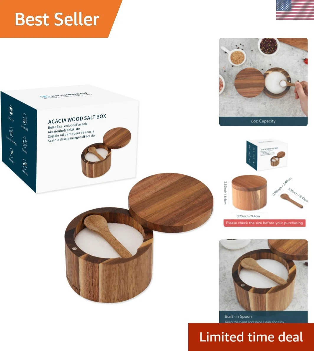 Acacia Wood Salt Cellar Bowl Box with Built-in Spoon to avoid Dust, Elegant K...