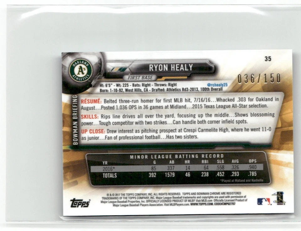 2017 BOWMAN CHROME MINI #35 RYON HEALY BLUE SHIMMER REFRACTOR ATHLETICS RC /150 - Image 2 of 2