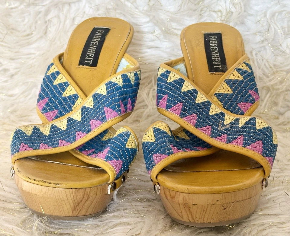 Винтажные сандалии на платформе на танкетке по Фаренгейту размер 10 деревянный каблук разноцветные племенные - Изображение 2 из 4