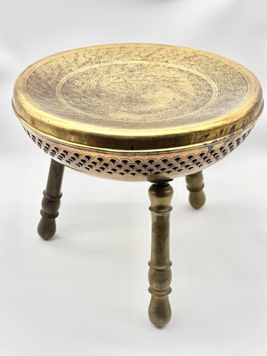 VTG Brass Foot Warmer Stool With Ornate Etched Top 14”