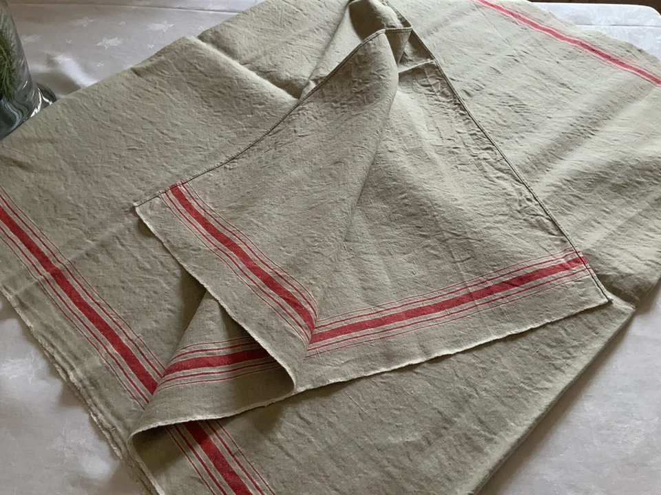 linge ancien Métrage De Tissu En Lin Bi Et Ligne Rouge Neuf Très Ancien - Photo 2/4