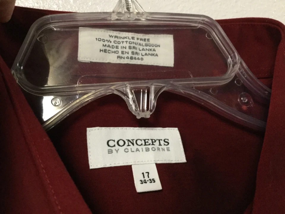 Mens Dress Shirt Size 17 Burgundy 34/35 Wrinkle Free Concepts By Claiborne 214 - Image 3 of 4