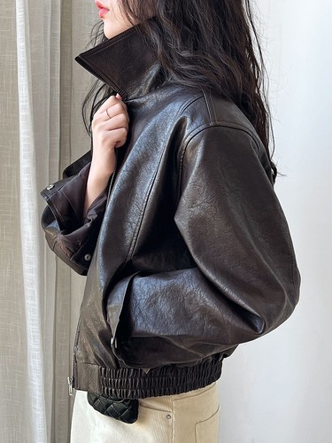 Retro Brown Leather Jacket Womens Autumn Zipper PU Lapel Motorcycle Short Jacket - Picture 20 of 23