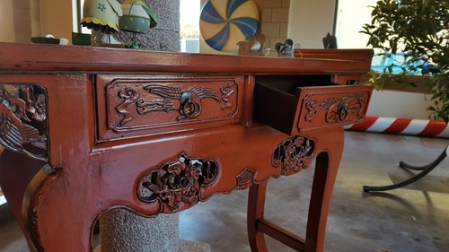 Consolle cinese in legno laccato rosso,due cassetti - Foto 1 di 5