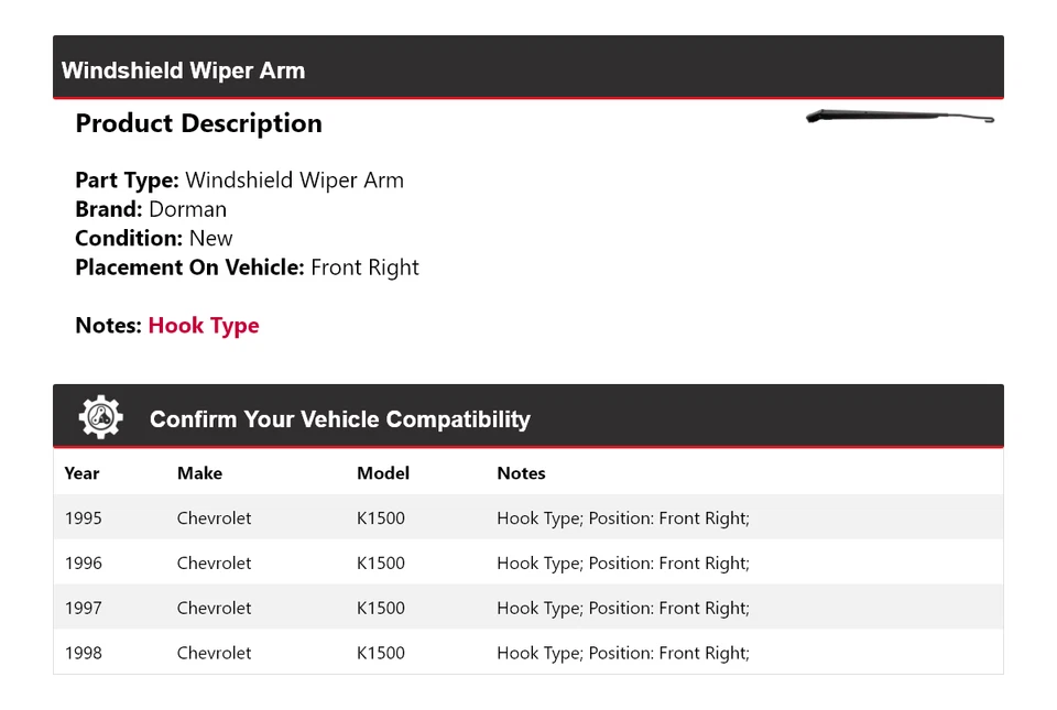 Brazo limpiaparabrisas delantero derecho Chevrolet K1500 Dorman 1995-1998 1996 1997 Foto 2 de 3