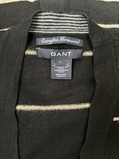Gant Men’s 100% Extra Fine Merino Wool Black /Beige Stripe Cardigan Size Large