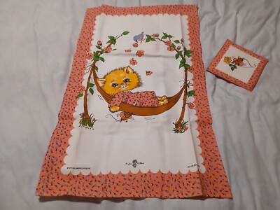 VINTAGE CALICO KÄTZCHEN GESCHIRRTUCH UND TEEKANNE MATTE (PUNZENKARTEN)