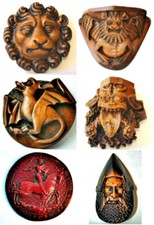 CHU000 Wood Church Carvings Grotesque Corbel, Ludlow Bat, Lincoln Knight's Head