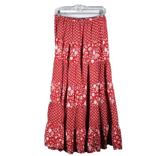 ANOKHI For EAST Block Print Floral Maxi Skirt Red White Size 10