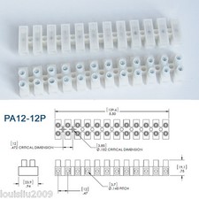 4pcs Electrical 12 Pole Way Barrier Terminal Strip Block Pitch 12mm 600V 22-8AWG