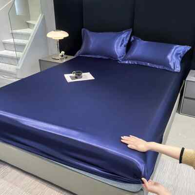 solid colour satin rayon elastic fitted sheet mattress cover double bed linens