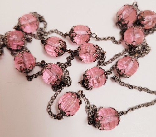 Vintage 1970s Necklace 47" Long Chain With Pink Lucites