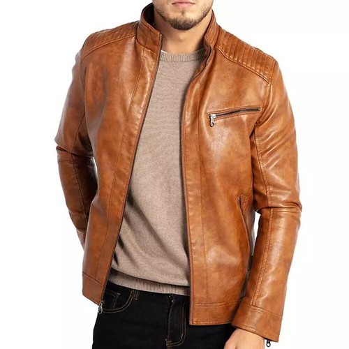 Men's Tan Brown Hanmade Quilted Style Leather Jacket Pure SlimFit Real Lambskin - Picture 14 of 14