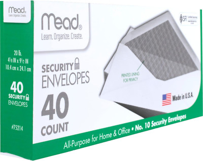 Mead #10 Envelopes, Security Printed Lining for Privacy, Gummed Closure, All-