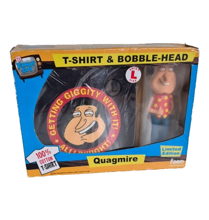 Family Guy Quagmire T-Shirt Size L And Wacky Wobbler Bobble-Head Set Funko