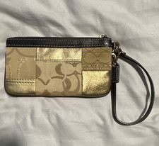 Coach Gold Beige Brown Signature Logo Zip Wristlet Pouch Strap Lined