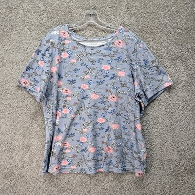 CW Classics Womens 2X Floral Crew Neck Short Sleeve Blue Pink Cotton Blend Tee