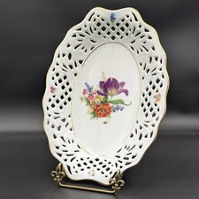 Vintage Bavaria Schumann Germany ~  Dresden Flowers ~ Oval Bowl 11"  Reticulated