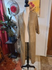 Taupe Crochet Duster SZ L Open Front Hippie Gypsy Bohemian 3/4 Sleeve