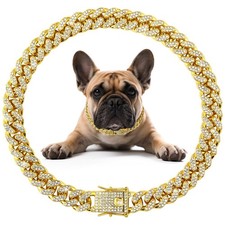Cuban Link Dog Collar Gold Crystal Dog Necklace Metal Chain Collar with Desig...