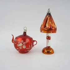 Lot of 2 Vtg West Germany Mercury Glass Red Teapot & Lamp Hand Painted Ornaments