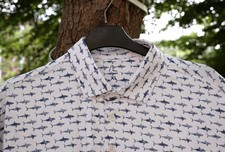 NEW Rhoback The Shark Polo Shirt - White Blue Shark Print, Sporty Elegance