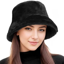 BFONS Faux Fur Winter Bucket Hat for Women Men Fuzzy Warm Hat Womens Furry Fi...