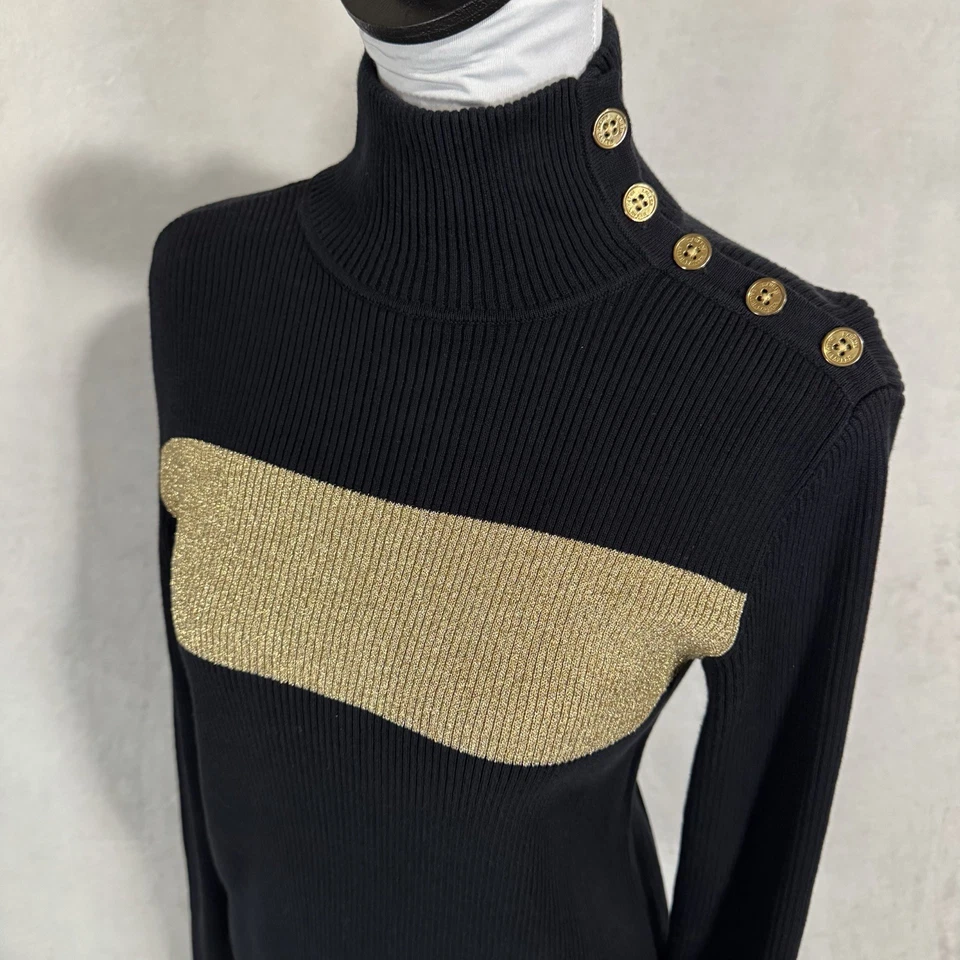 LRL Ralph Lauren Acanalado Cuello Simulado Cuello Alto Ajuste Medio Negro y Dorado Botón Foto 2 de 4