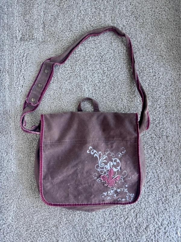 Vintage Y2K Brown Canvas Messenger Book Bag Fleur De Lis Laptop Shoulder Bag