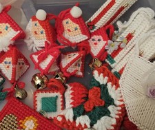 16 Vtg Needlepoint Canvas Christmas Ornaments Handmade Santa 3D Diamond And More