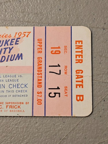 Serie Mundial 1957 Juego 3 Boleto Talón Manto H.R. HANK AARON 1ST W.S. HOME RUN - Imagen 3 de 6