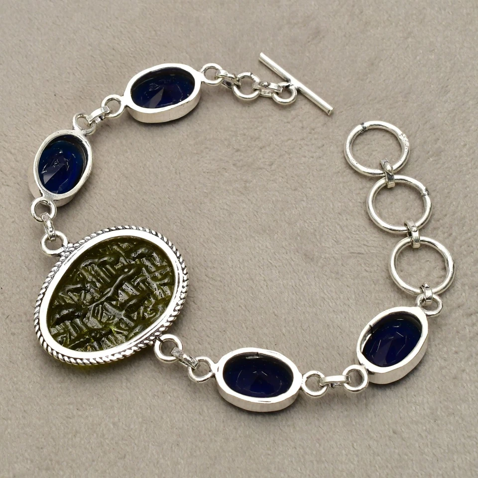 Bracciale in argento sterling 925 con pietre preziose Moldavite gioielli... - Immagine 4 di 4