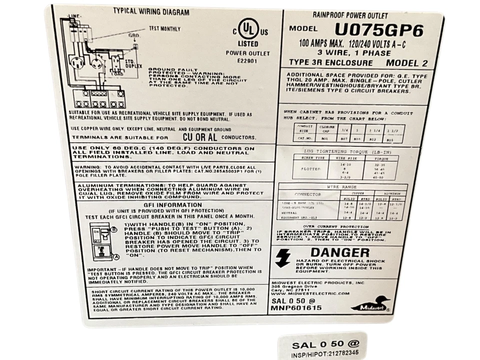 U075GP6 Type RV Power Outlet Pedestal, 120/240 VAC, 100 A, 1 Phase, NEMA 3R - Image 3 of 3
