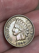 1892 Indian Head One Cent Penny- AU/Almost UNC Details, Nearly 4 Diamonds, Toned
