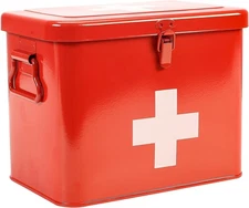 First Aid Kit, Medicine Supplies Bin - 2-Tier Metal Red 