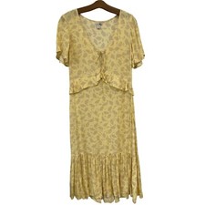 Society Amuse Dress Medium Scarlett Midi Yellow Floral Leaf Peplum Ruffle Hem