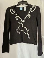 Smitten Christmas Sweater Black and White Reindeer V-Neck Sequins Size M