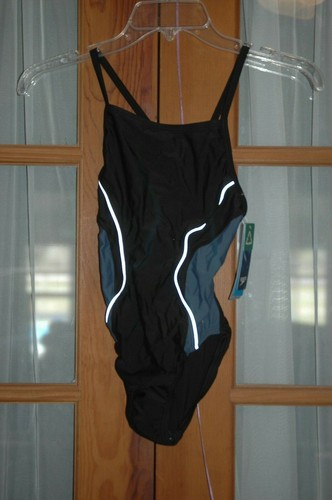 Speedo Youth Powerflex Eco One Piece Black/Grey Swimsuit Sz 10/26 Used Good