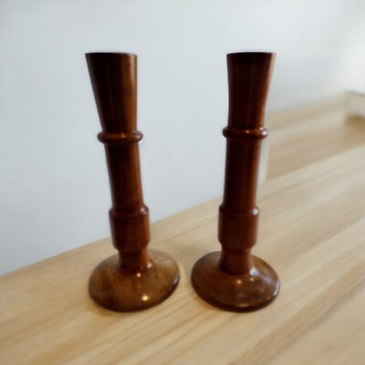 Set Of 2 Vintage Oregon Myrtlewood Candle Holders Natural Grain 8''